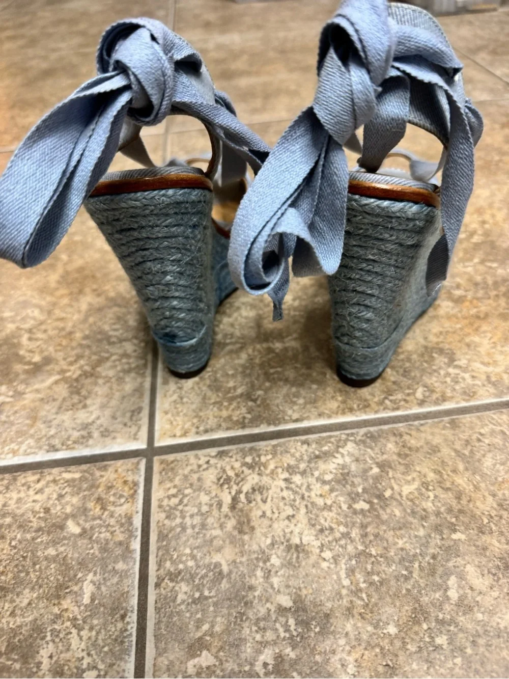 SCHUTZ Light Blue Denim Peep-Toe Wedge Sandals with Ankle Wraps
